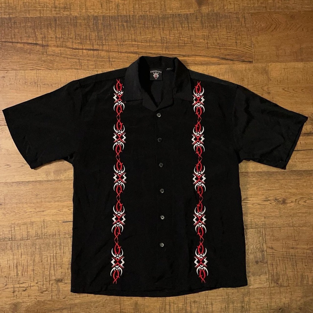 7 Diamonds Button Up Shirt Mens M Black Y2K Tribal Embroidered Grunge Skater